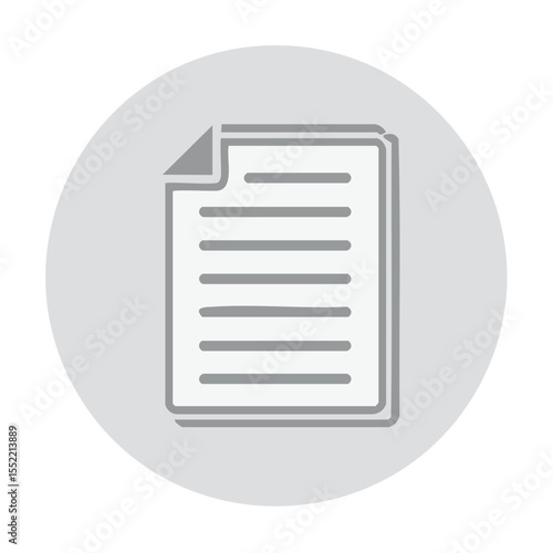 Document icon with text lines in gray circle for paper, business report or digital file