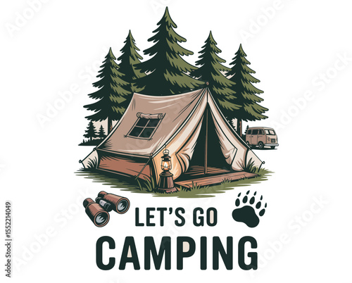 Vintage Camping Scene Vector Pack – Rustic Outdoor Illustration with Tent, Pine Trees, and Adventure Icons
