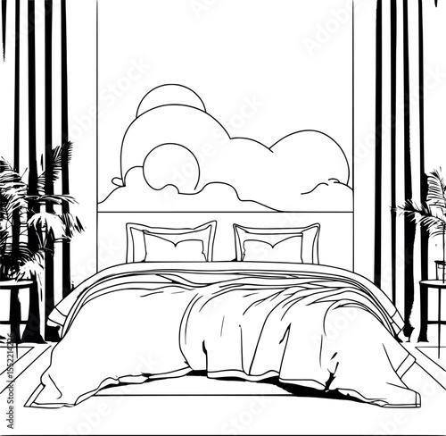 Minimalist outline of bed with pillows and blanket in black on white