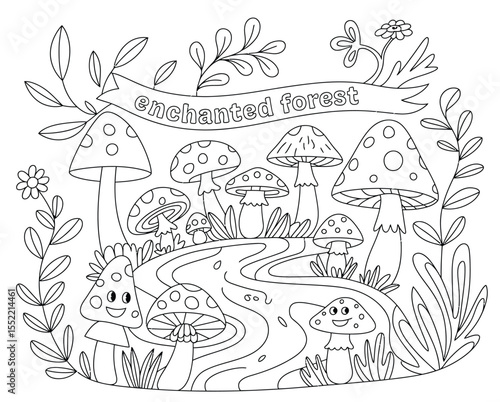 Enchanted Forest Coloring Page – Whimsical Cartoon Mushroom Circle with Stream, Foliage, and Banner Text