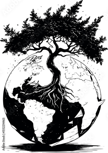 Burning tree on shattered globe. Monochrome engraving with apocalyptic symbolism.