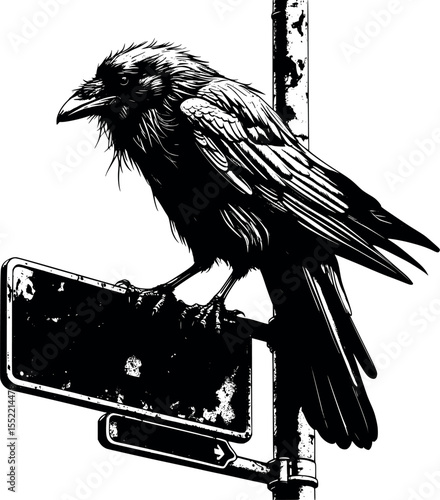 Mutated crow in post-apocalyptic setting. Monochrome motif with rusted sign and decay.
