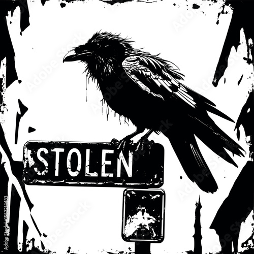 Mutated crow in post-apocalyptic setting. Monochrome motif with rusted sign and decay.