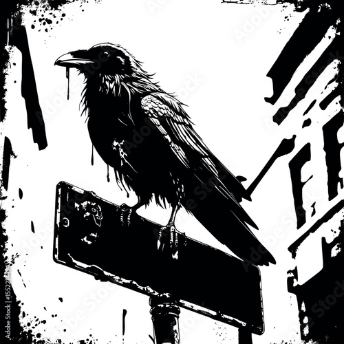 Mutated crow in post-apocalyptic setting. Monochrome motif with rusted sign and decay.