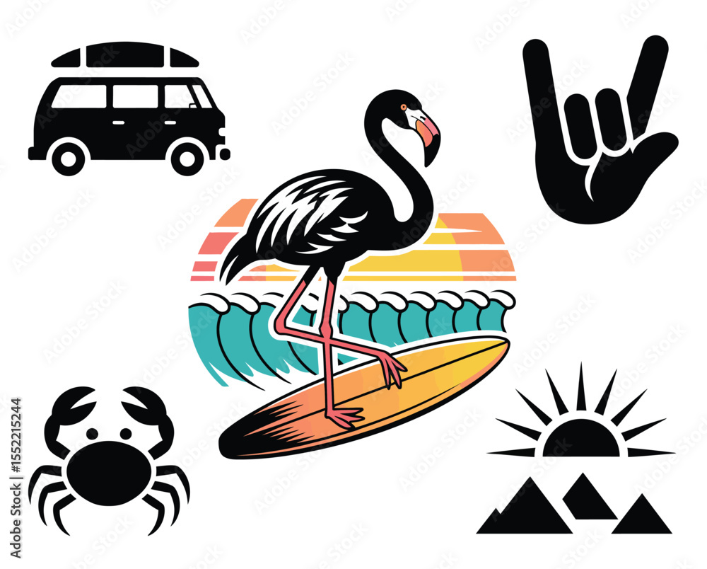 Fototapeta premium Tropical flamingo surf icon set, black silhouette vector icons with waves retro van and island atmosphere capturing fun summer surf and tropical lifestyle themes.