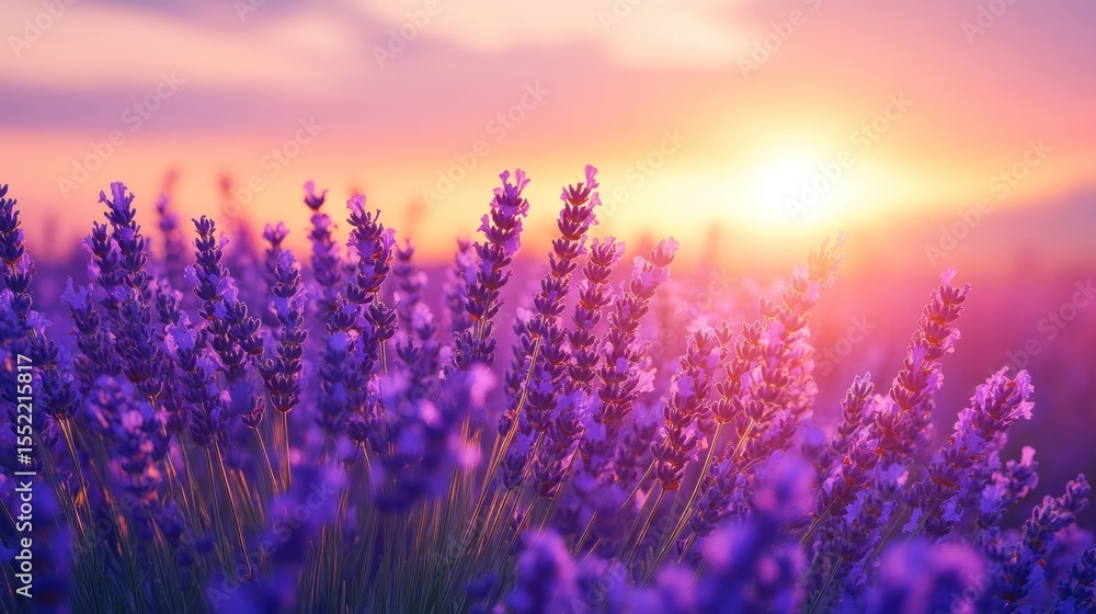Fototapeta premium Lavish lavender field bathed in golden sunrise light.