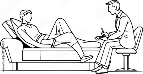 Psychotherapy couch session outline vector. Classic psychological treatment line illustration for mental health materials.
