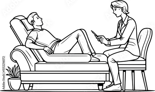 Psychotherapy couch session outline vector. Classic psychological treatment line illustration for mental health materials.