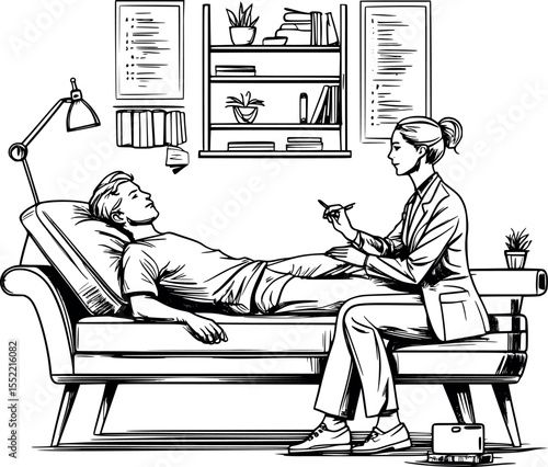Psychotherapy couch session outline vector. Classic psychological treatment line illustration for mental health materials.