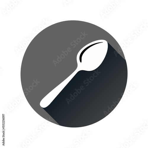 Spoon illustration on grey circle symbol kitchen utensil simple graphic food service catering dining cooking with long shadow