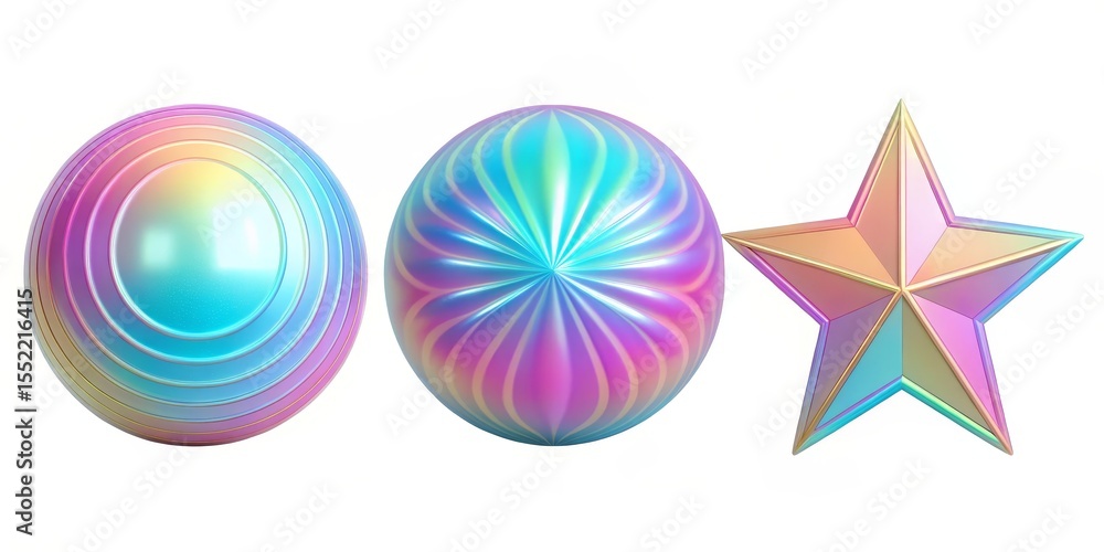 Fototapeta premium Iridescent Shapes Spheres and Star Objects, holographic , 3D