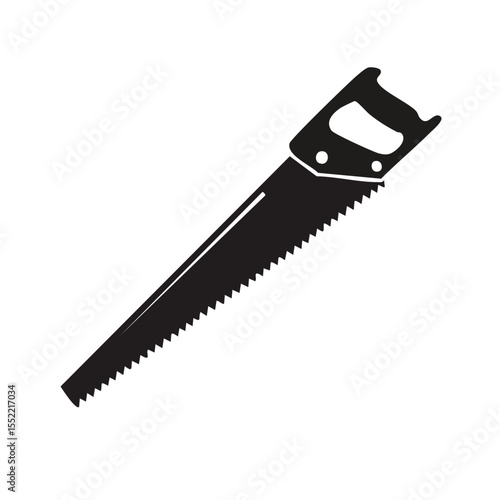 Hand saw icon, carpentry tool silhouette, workshop equipment for woodworking on black background