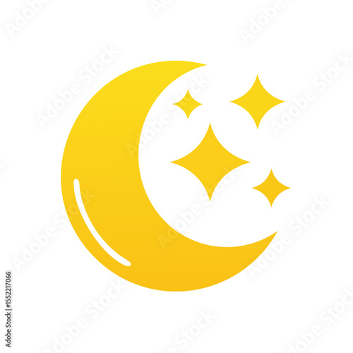 Golden crescent moon with shining stars on a dark night background. Icon of night, fantasy, dreamtime, good night. Magical symbol for design, web, and applications.