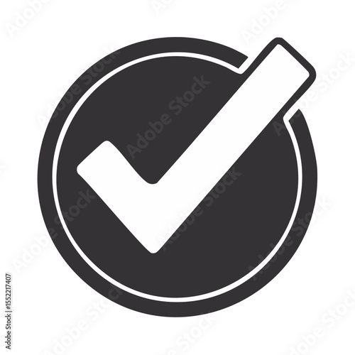 Grey circle contains white check mark inside symbolizing acceptance and completion on a black backdrop