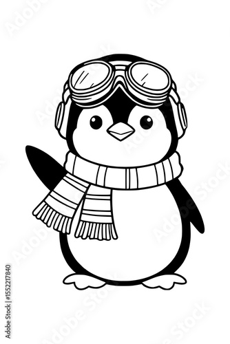 Ausmalbild: Freundlicher Pinguin als Pilot – Kinderfreundliche Malvorlage in Schwarz-Weiß