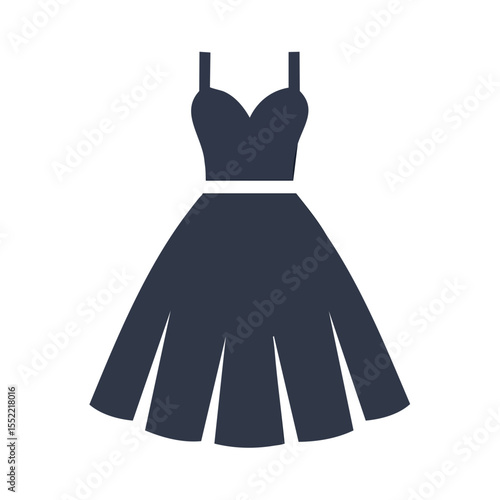 Elegant dark blue dress with straps and A-line skirt for formal events or occasions. Evening fashion icon with minimalist design on black background