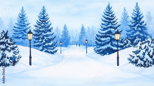Wallpaper Mural Winter Wonderland Pathway with Snowy Trees and Lanterns Illuminating Winter Scene Torontodigital.ca
