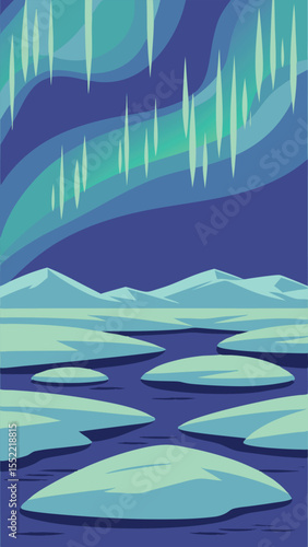 Vector illustration of the aurora borealis over ice floes in a cool color palette