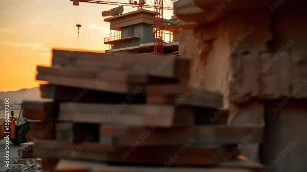 Construction site with stacked bricks. Workers collaborate at sunset. Heavy machinery, equipment prepare building project. 4k video Construction site with stacked bricks. Workers collaborate at sunset. Heavy machinery, equipment prepare building project. 4k video