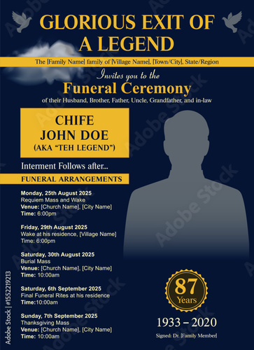 Elegant Funeral Program Flyer Template. Obituary Layout for Memorial Service and Burial Arrangements.