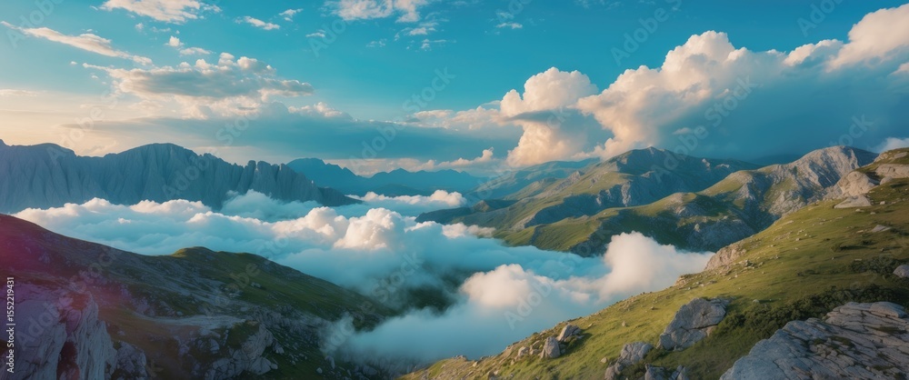 Obraz premium Clouds drift across the rugged yet scenic landscape in this beautiful accessible mountainous region during summer months, with space for text.