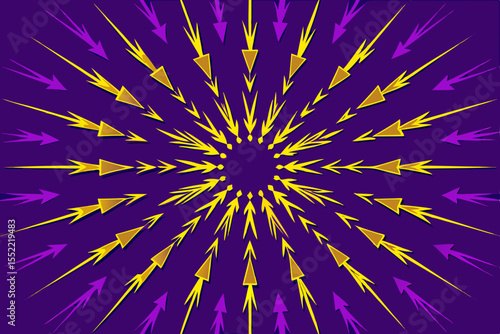 Exploding radial pattern of yellow and purple arrows on a dark purple background