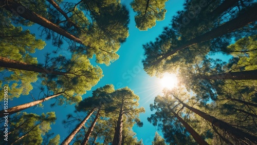 Wallpaper Mural Bottom view of pine trees in forest with sunlight passing through, environment concept, selective focus, and empty space for text Torontodigital.ca