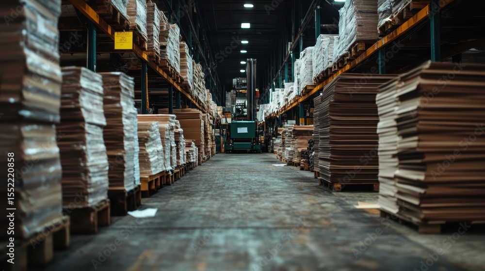 Fototapeta premium A detailed view of a well-organized warehouse filled with stacks of paper products, showcasing the efficiency and structure in a commercial storage environment.