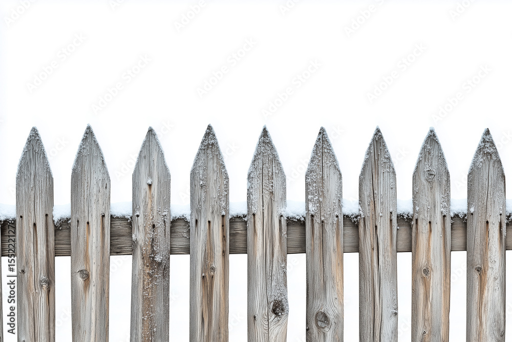 Obraz premium Old wooden picket fence and metal barrier isolated against the sky, offering rustic garden protection