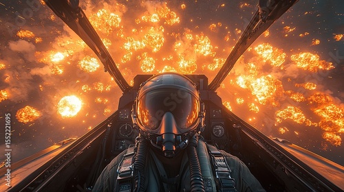 Close-up of fighter jet cockpit during active aerial engagement over enemy territory with flares
