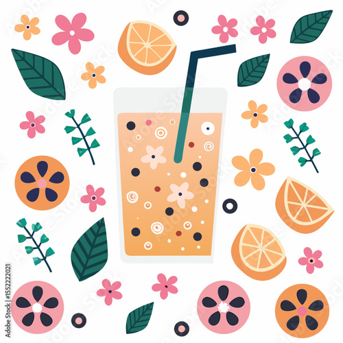 Orange drink with straw, fruits, and floral design