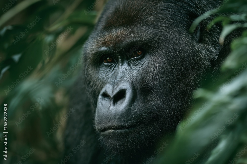 Obraz premium A large gorilla gazes thoughtfully among dense foliage, highlighting a moment of calm in its natural environment