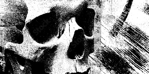 Seamless grunge skull design with halftone shading for edgy themes and overlays