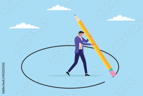 Vector illustration of a businessman erasing his own boundaries, symbolizing breaking limitations, self empowerment, personal transformation, and the pursuit of greater possibilities
