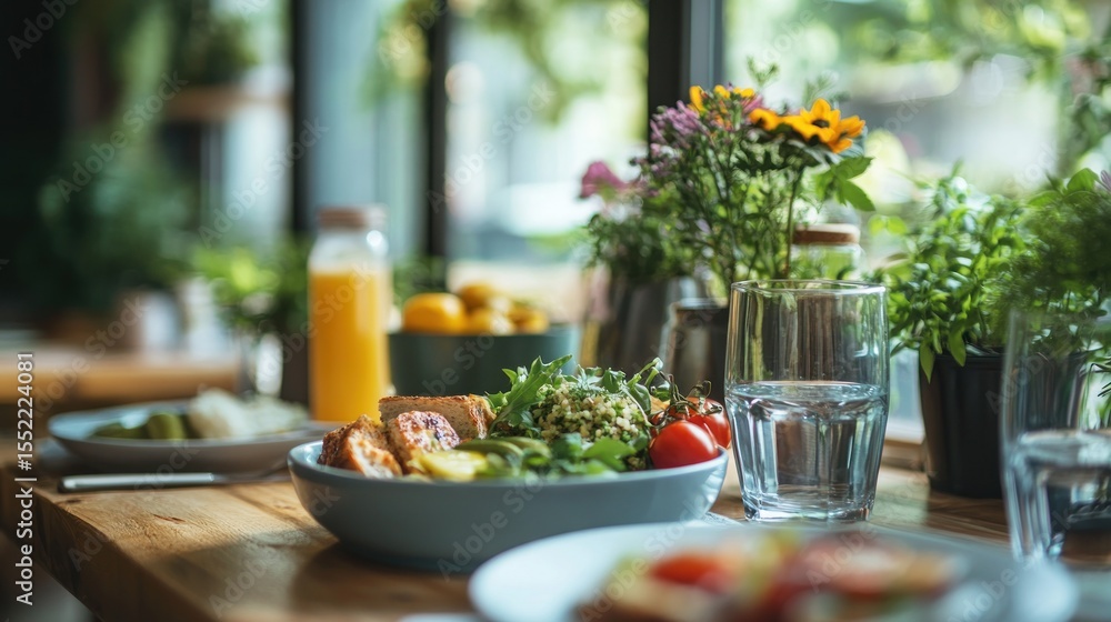 Healthy meal served on a wooden table. Healthy meal served on a wooden table.