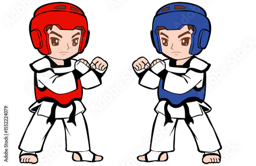 taekwondo martial arts players red and blue chest protectors black belt illustration kids