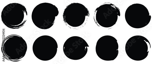 Set of black grunge circles shapes on a white background. Paint brush stamp collection. Vector brush circle. Grunge round shape.