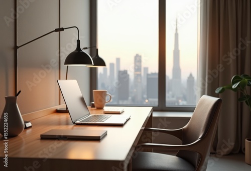 sleek laptop modern hotel desk minimalist design workspace contemporary furniture clean aesthetic travel productivity, technology, office, interior