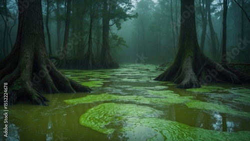 Fototapeta Naklejka Na Ścianę i Meble -  A swamp with green slime in the forest