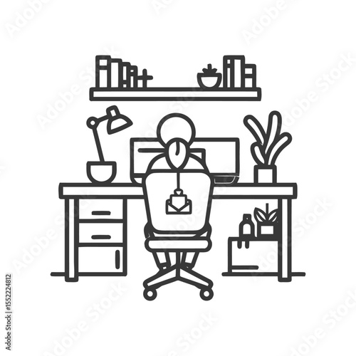 Minimalist Line Art: Person at Desk with Computer and Bookshelf