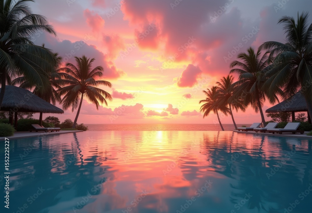 Obraz premium stunning infinity pool tropical sunset overlook serenity vivid colors breathtaking dreamy waterscape, horizon, reflection, sky, landscape, romantic, luxury