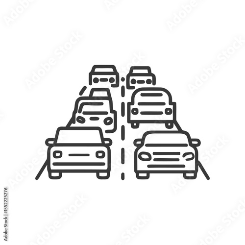 Traffic Jam Icon: Dense Line Art Depicting Congested Roadway with Multiple Cars