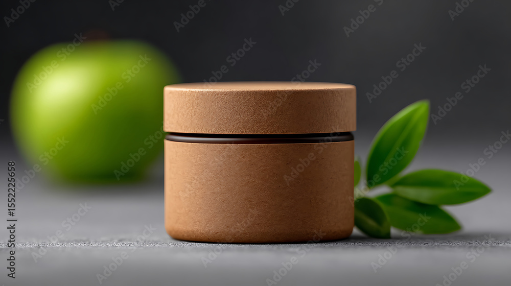 Natural cosmetic jar presentation showing wellness product, fresh apple and leaves. Natural cosmetic jar presentation showing wellness product, fresh apple and leaves.