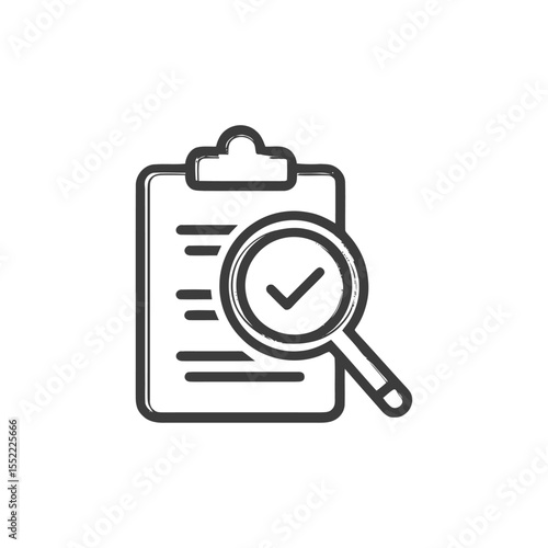 Checklist Magnified: Detailed Inspection with Approval Tick, Line Art Style