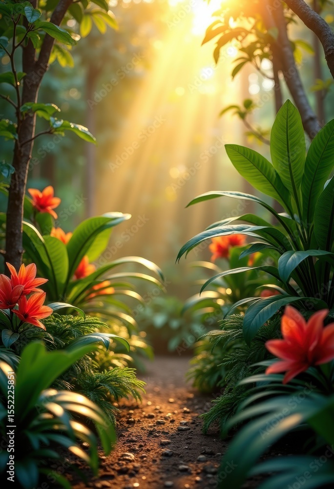 Fototapeta premium vibrant tropical foliage sunlight rays lush greenery exotic plants nature scenery tropical paradise garden, leaf, botanical, flora, stream, curve, texture
