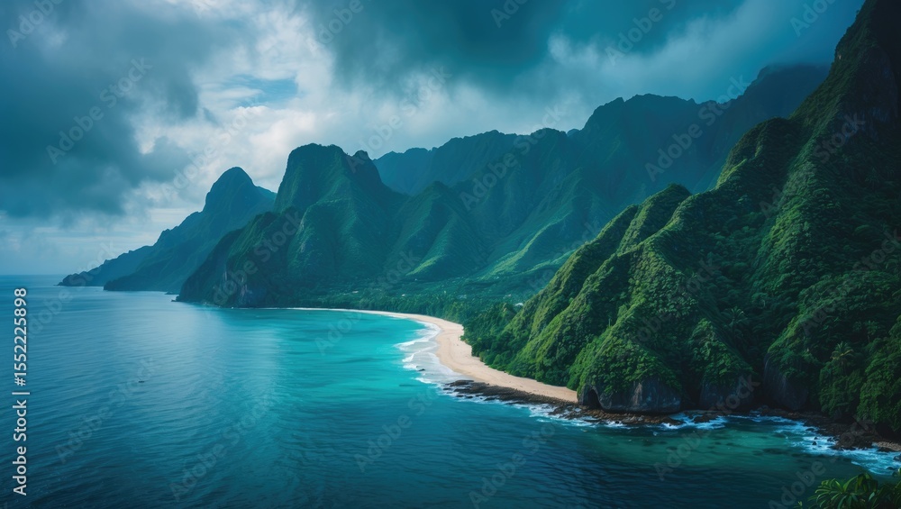 Obraz premium A tropical coastline with lush green mountains and blue sea.