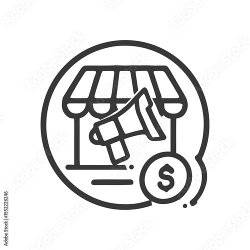Store Promotion Icon: Megaphone, Dollar Sign, and Shopfront in Circle
