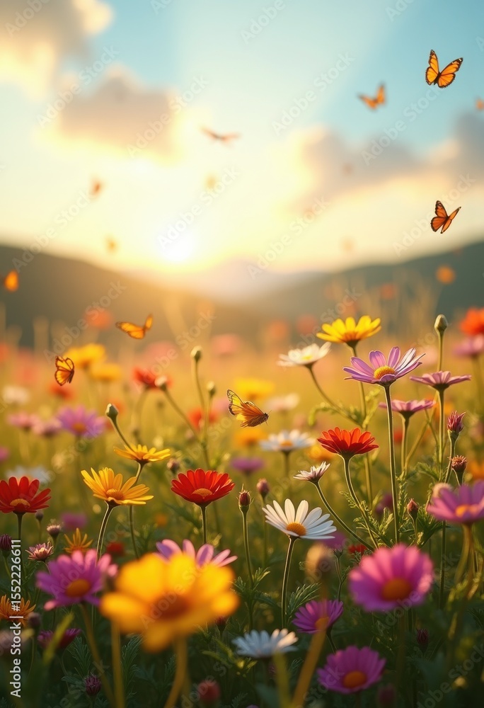 Fototapeta premium vibrant wildflowers blooming sunlit meadow colorful floral garden peaceful springtime scene, sunlight, grass, landscape, nature, petal, scenery, field