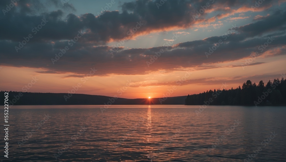 Obraz premium Sunset Over The Lake with Empty Copy Space For Text
