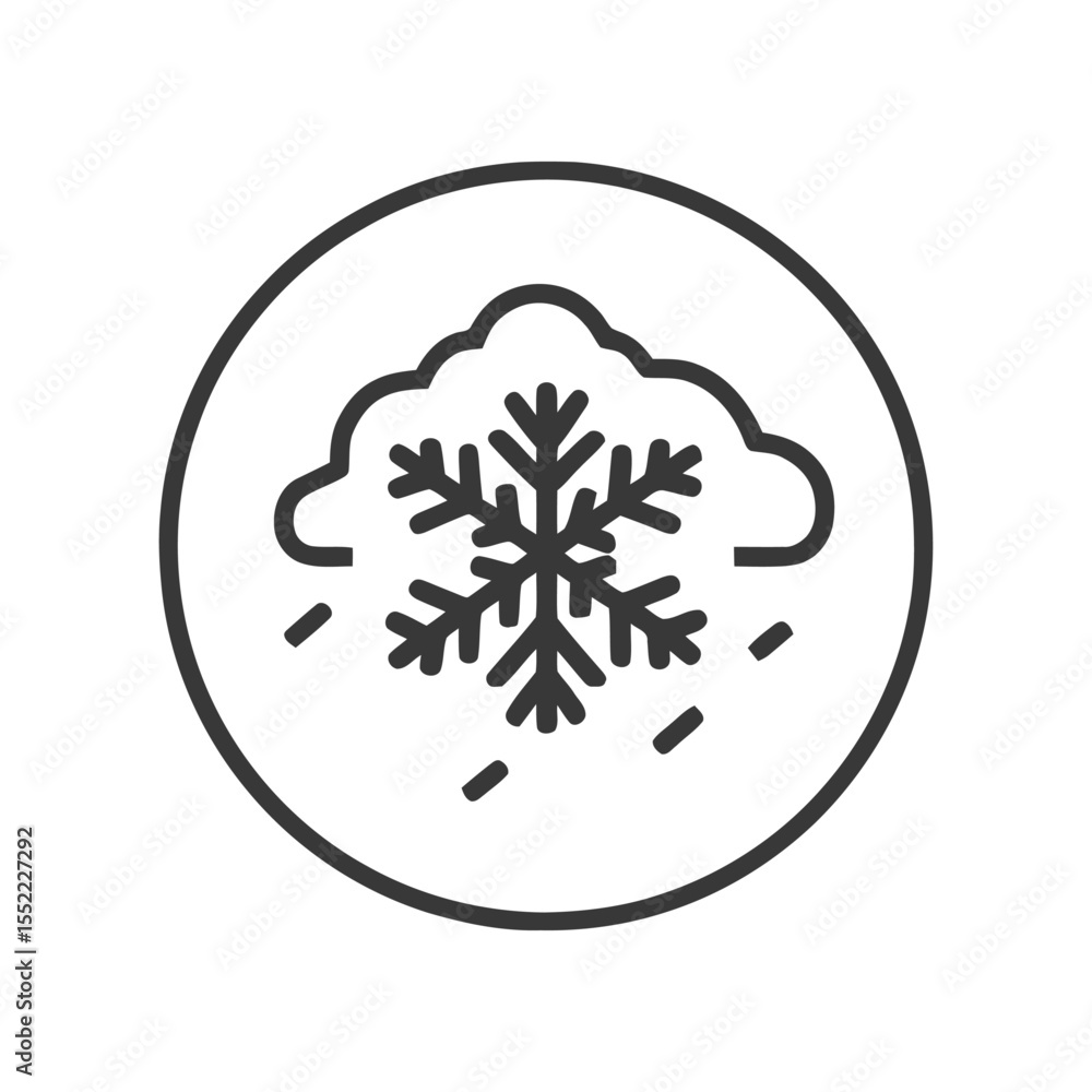 Minimalist Snowflake Icon with Cloud and Falling Snow in Circle Frame Minimalist Snowflake Icon with Cloud and Falling Snow in Circle Frame